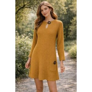 Pure Handknit Sweater Tunic Dress M/L Mustard Cotton Boho Artisan Vintage